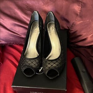 Adrianna Papell Black Mesh Peep-Toe Heels